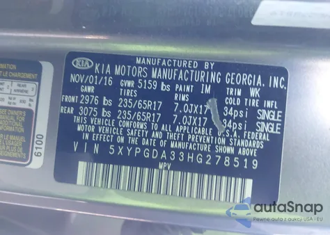 2017 Kia Sorento 2.4L Lx z USA, uszkodzony, nr VIN 5XYPGDA33HG278519